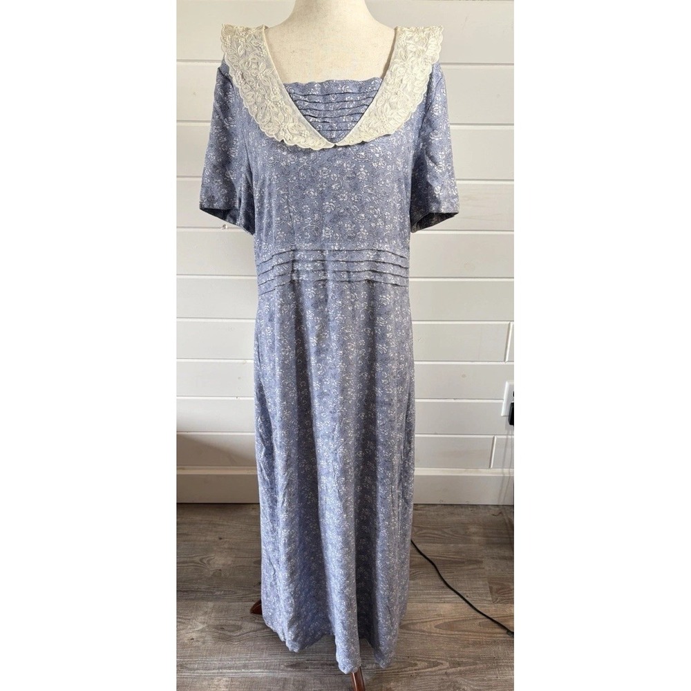 Vintage Sarah Elizabeth Blue Print Lace Pearl Collar Women's 12 Cottage-core